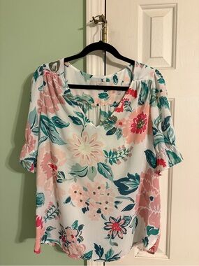 LOFT Floral Keyhole Neck Blouse in White, Pink and Teal